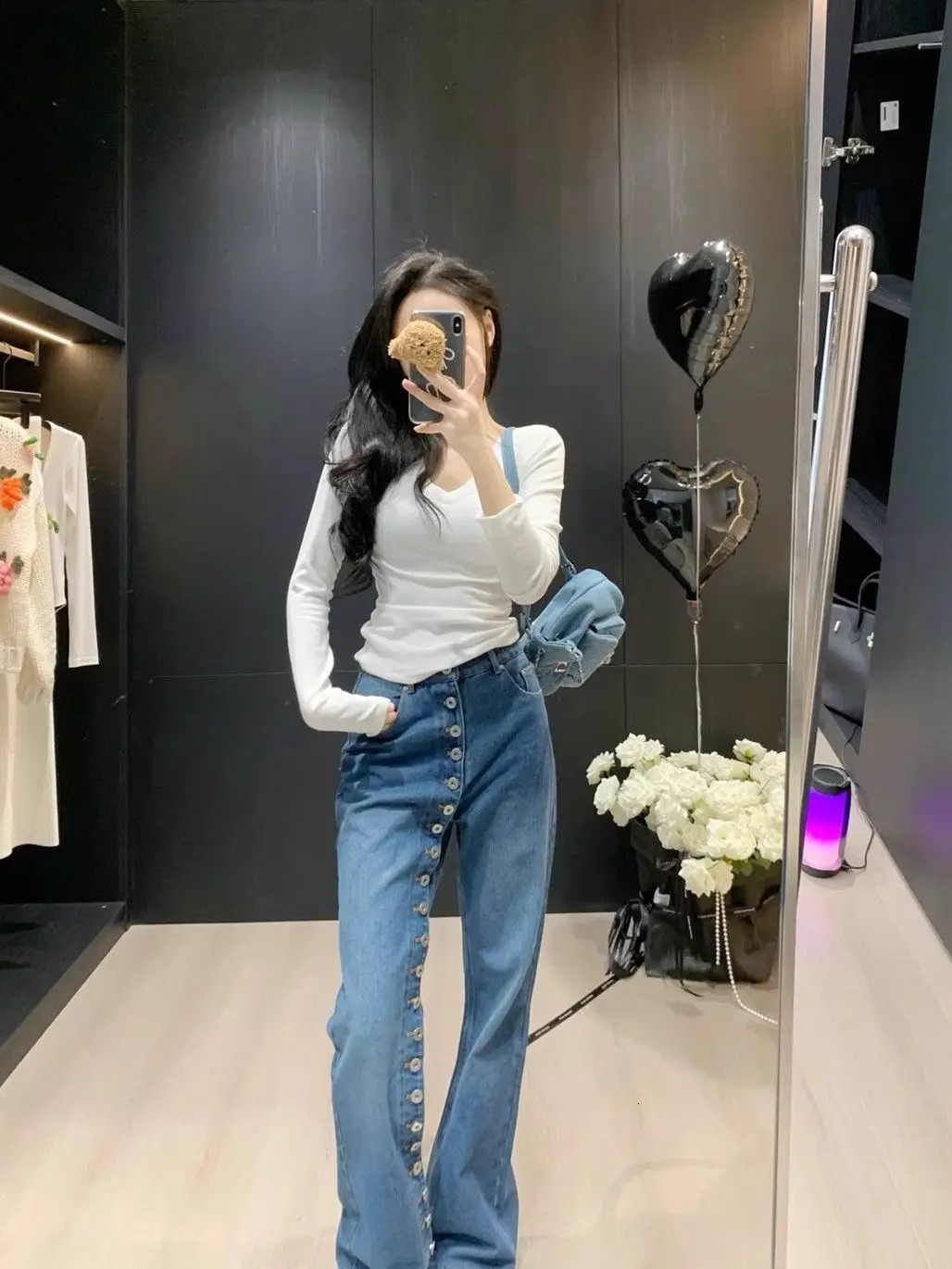 American Breasted Vintage Blue Wash Jeans Woman Y2K Streetwear Hip-hop Loose Casual Harajuku High Waist Straight Jeans 250225