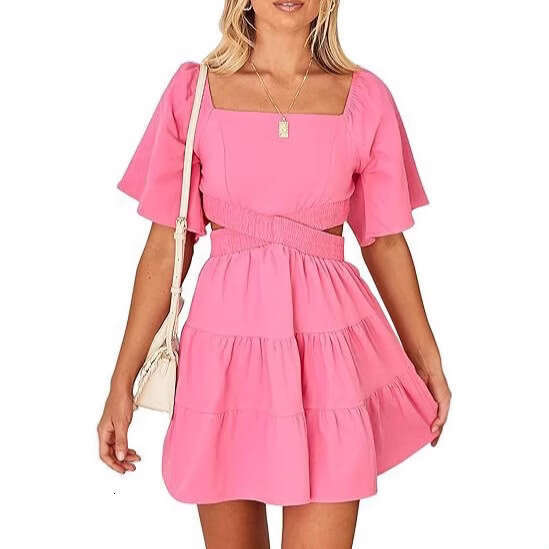 European American Spring/Summer New Women's Solid Color Elastic Waist Fresh And Sweet Square Neck Short Dress