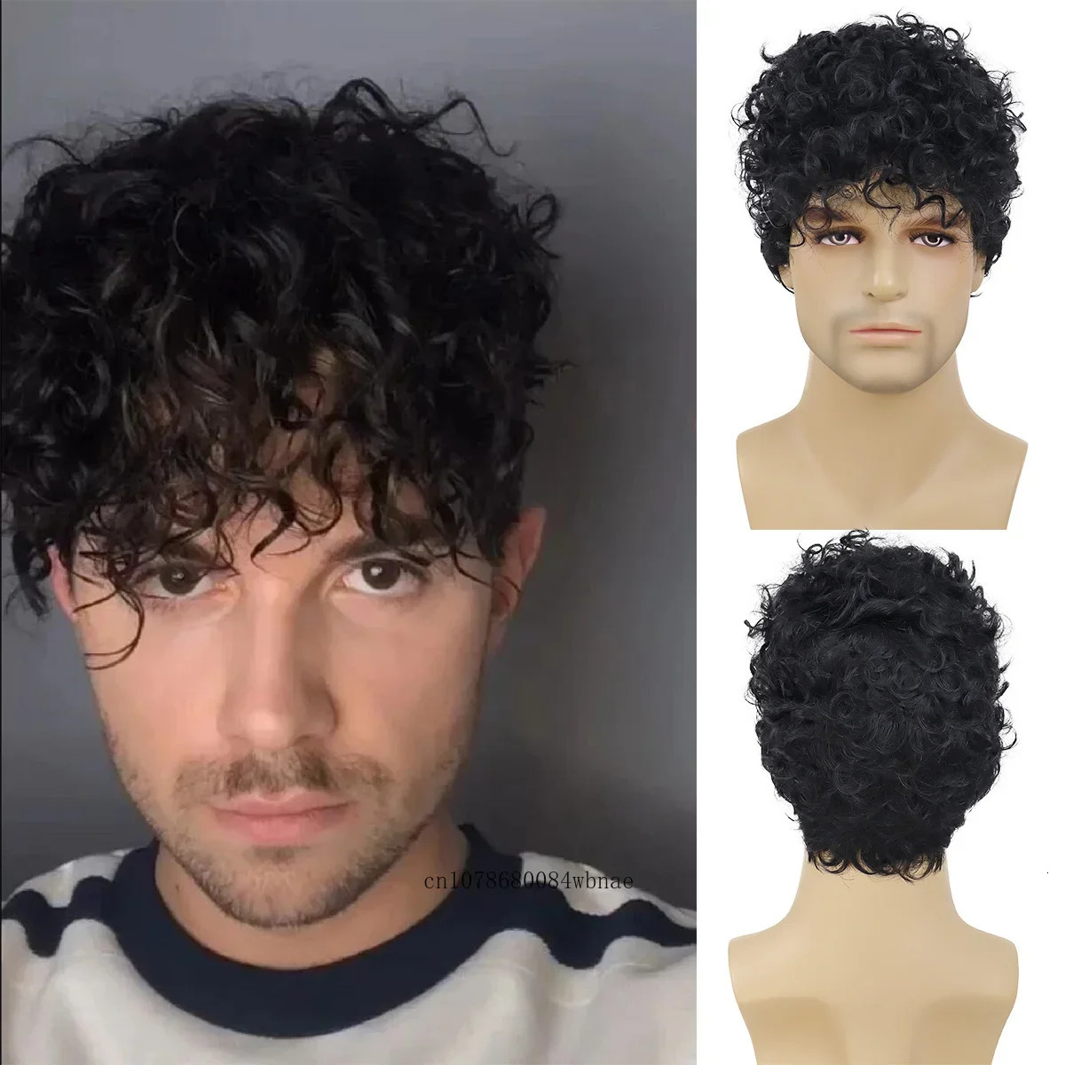 Black Afro Wig Synthetic Fiber Short Curly Wig with Bangs for Men Male Elastic Toupees Daily Costume Party Hair Replacement Wigs 250224