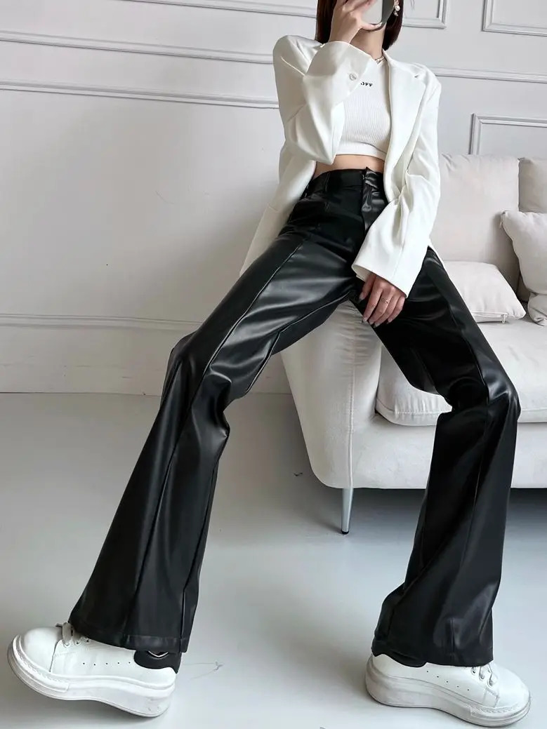 Autumn Winter Straight Leather Pants Women Slim Floor-length Casual Pu Leather Pants for Tall People Loose Wide-leg Pants 250224