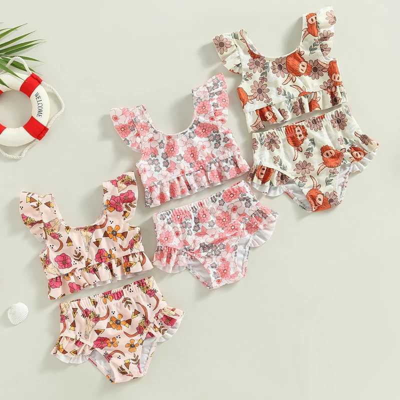 0-3Y Toddler Baby Girl Swimsuit Two Piece Ruffle Sleeve Tankini TopSwim Short Floral Bathing Suit Summer Kids Bikini Beach Wear X250224