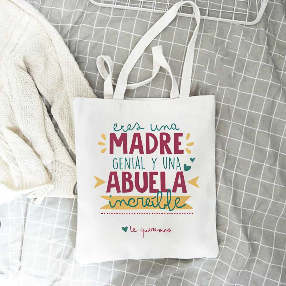 Abuela Letter Print Handbag Canvas Large Capacity Shopping Bag Portable Casual Fashion Handbag Mothers Day Gift Z250224