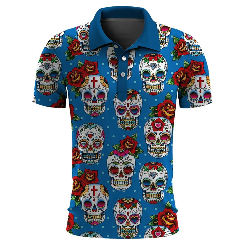 Funny Skull 3D Print Short Sleeve Polo Shirts For Men Clothes Casual Mexico Lucky Skeleton Graphic Lapel POLO Shirt Button Tops 250225