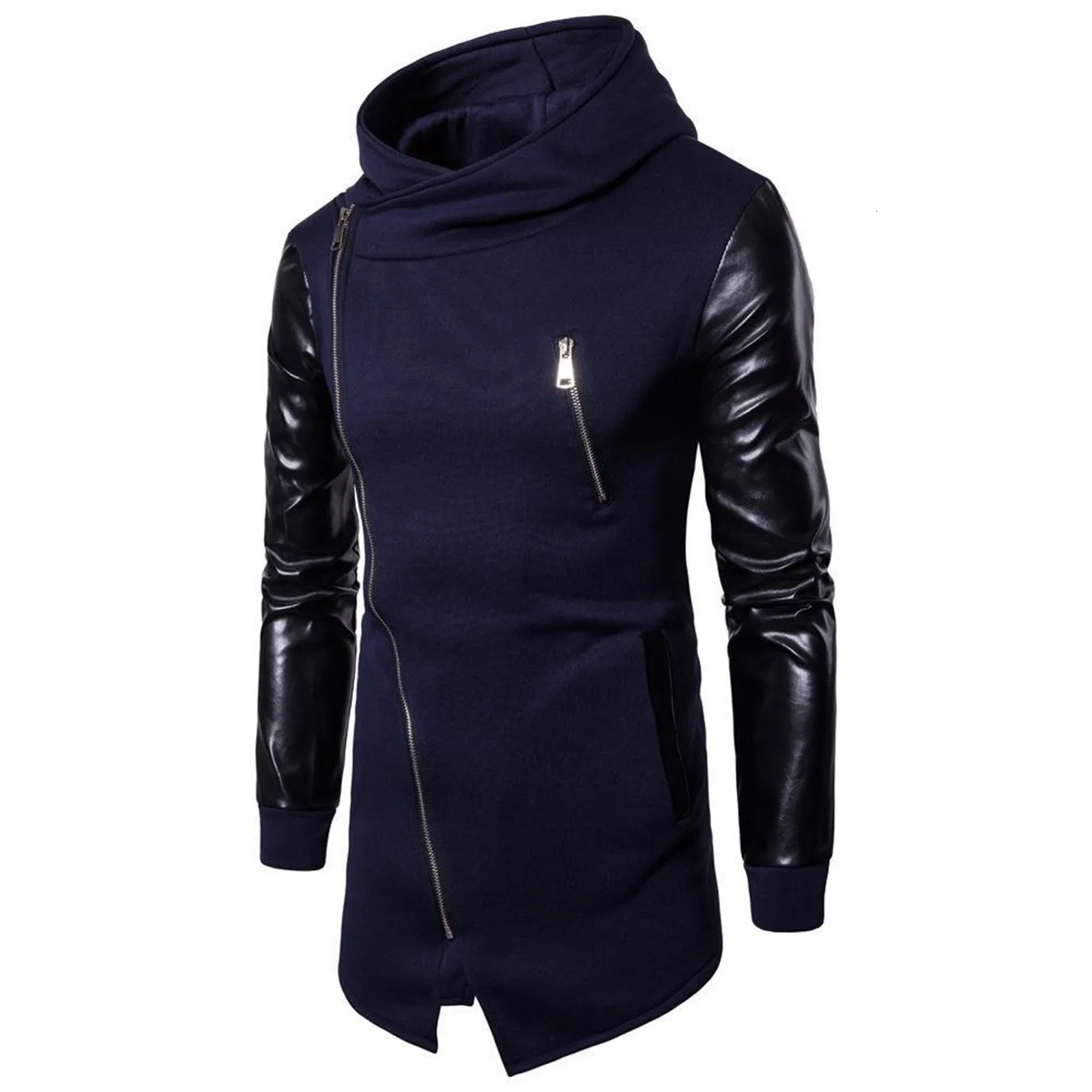 Gothic Men Fashion Hooded Sweatshirts PU Leather Patchwork Side Zipper Medium Length Hoodies Jacket Irregular Outerwear 250224