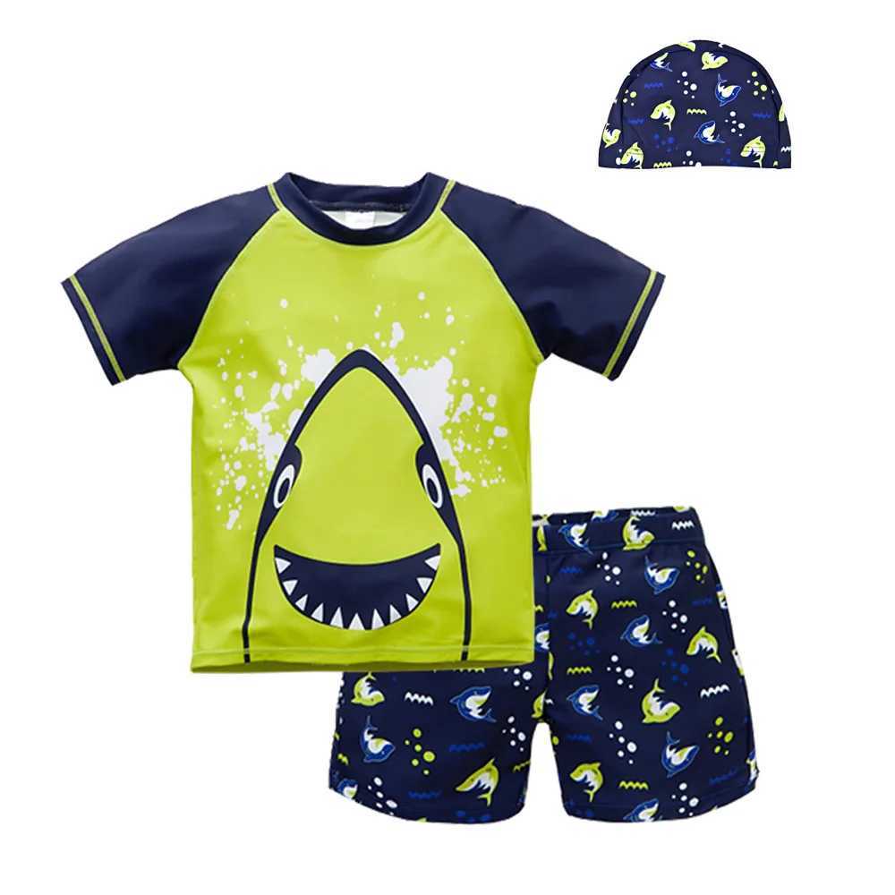 Summer Children Swimsuit Boys With Shorts Shark Printing Kids Boy Sports Suit Hat Swimwear Kids Boardshort Beach Men X250224