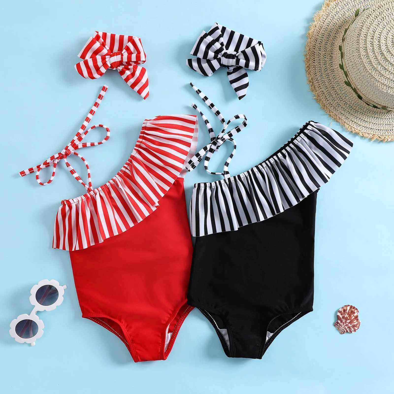 Childrens summer striped patchwork one-piece swimsuit girls beach style swimsuit headscarf two-piece set X250224