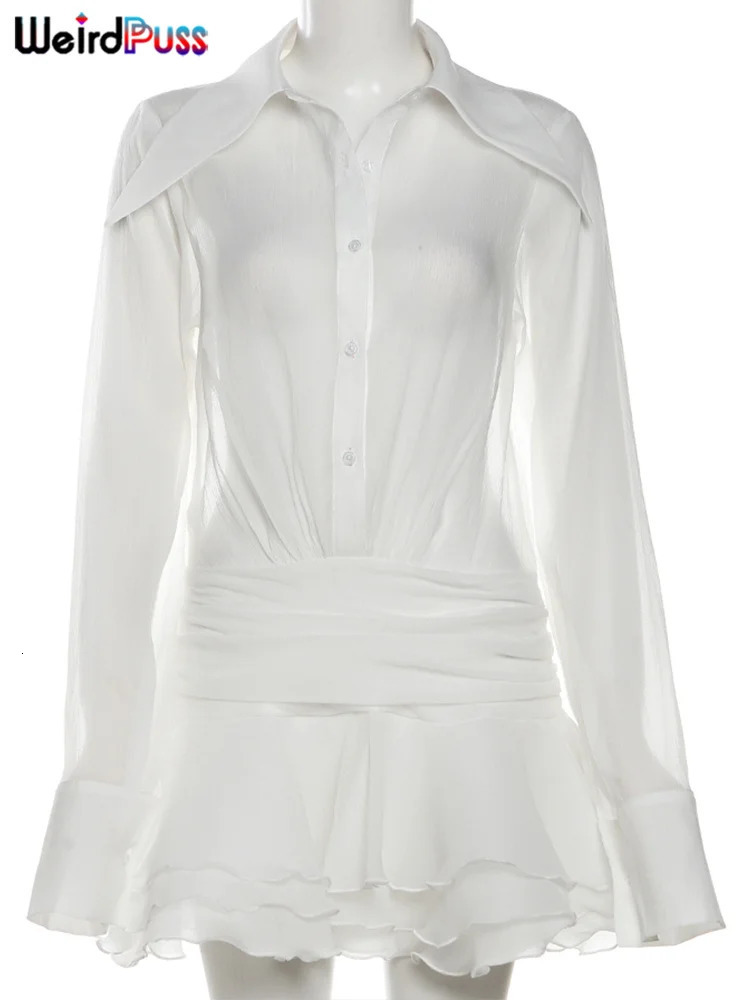 Weird Puss See-Through Tierred Dress Woman Summer Solid Turn-Down Collar Shirt Ruffles Chic Long-Sleeve Chiffon Party Bodycon 250225