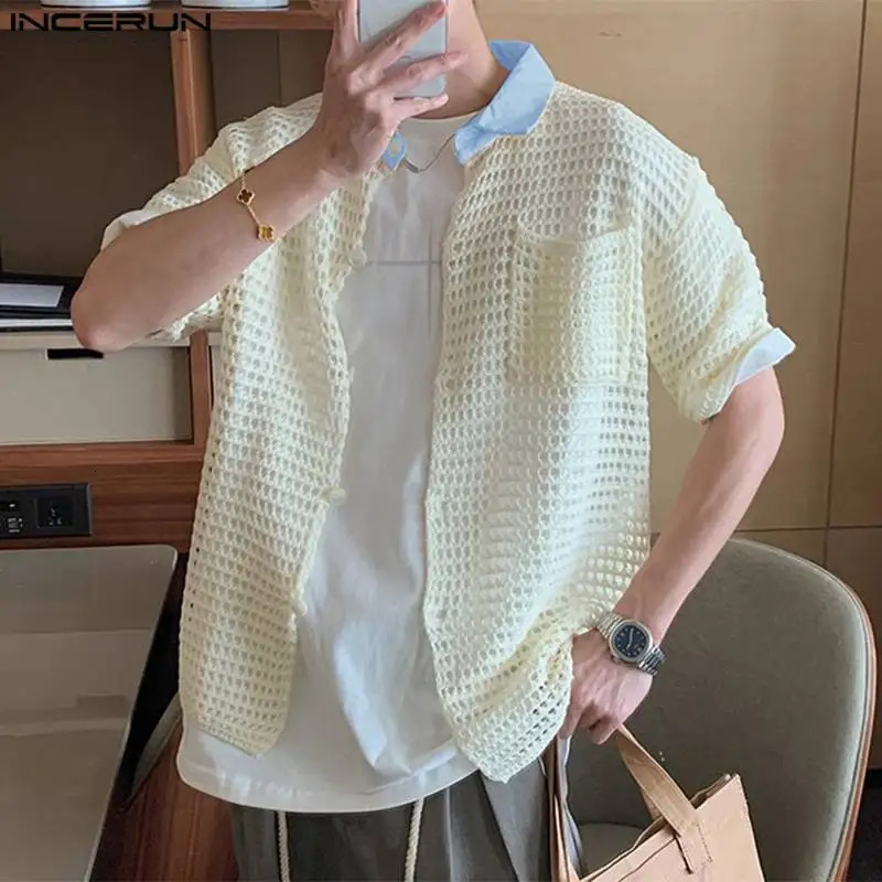 INCERUN Mens Shirts Patchwork Mesh Hollow Out Transparent Lapel Short Sleeve Mens Clothing Streetwear Fashion Shirts S-5XL 250222