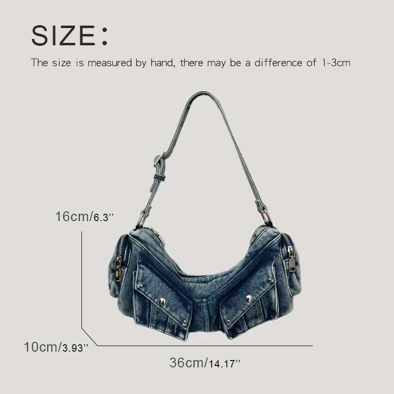 Vintage Denim Bags For Women Designer Handbag Purses 2025 New In Washing Process Multiple Pockets Rivet Underarm Shoulder