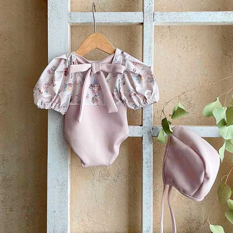 2024 New Summer Infant Baby Girls Swimsuit+Hat 0-3Yrs Kids Swimwear Toddler Baby Girls Beachwear Short Sleeved Printing Rompers X250224