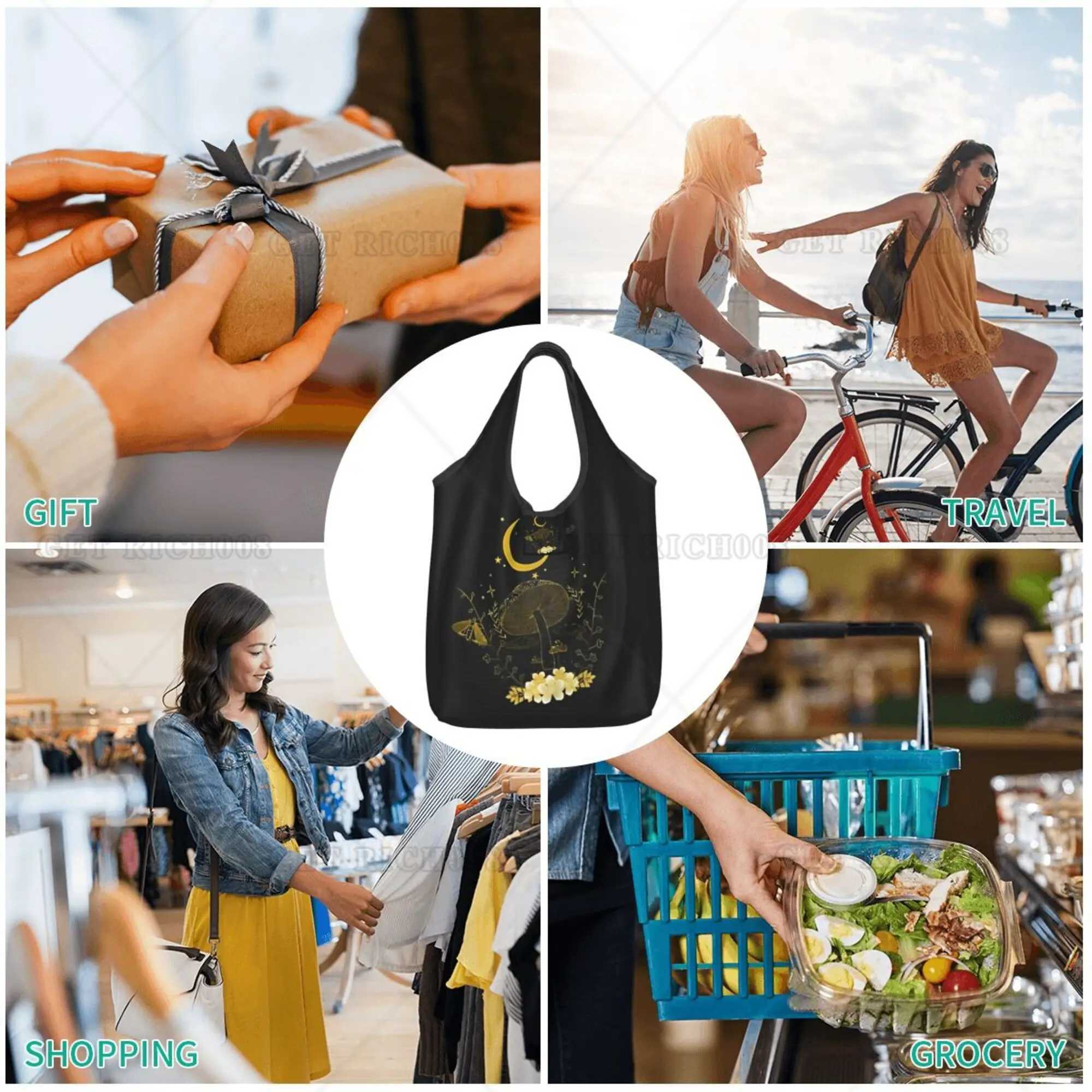 Mushroom and Moon Gothic Shopper Bag Portable Tote Bag Recyclable Grocery Bags Women Hand Bag for Shopping Outdoor Foldable Z250224