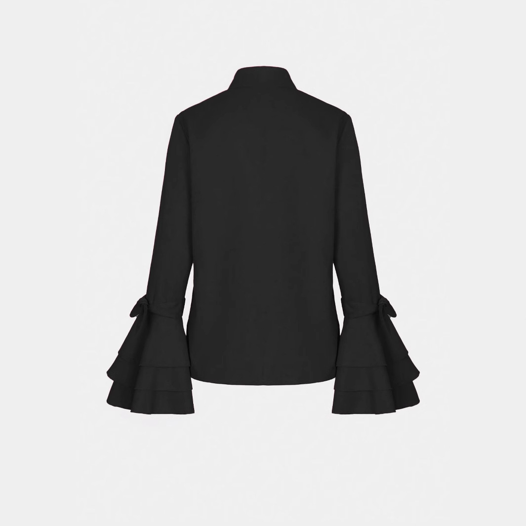 Womens Shirt Elegant Plain Mock Neck Tie Arm Trumpet Sleeve Shirt Office Lady Blue Fashion High Quality Long Sleeve Blouse 240805