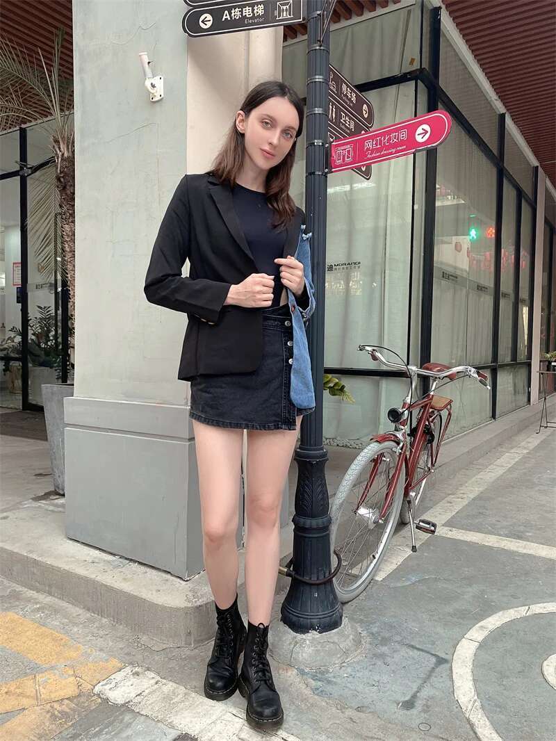 Vintage Fashion Blazer Denim Patchwork Jackets Autumn Winter Irregular Coat Women Long Sleeve Loose Korean Outerwear