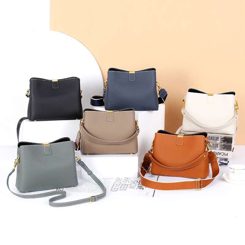 Hifashion Cowhide Genuine Leather Bucket Small Shoulder Crossbody For Women 2024 Designer Wide Strap Tote Ladies Handbags