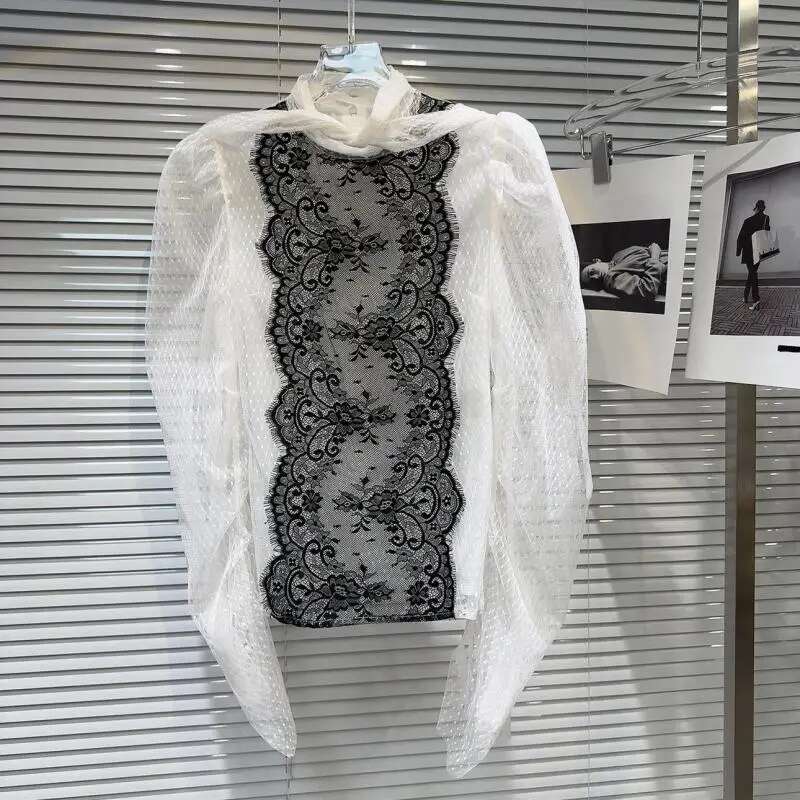 Getspring Women Shirt 2024 Autumn Fashion Tie Bow Puff Sleeve Lace Ed Bandage Ladies Blouse Vintage All Match Female Tops