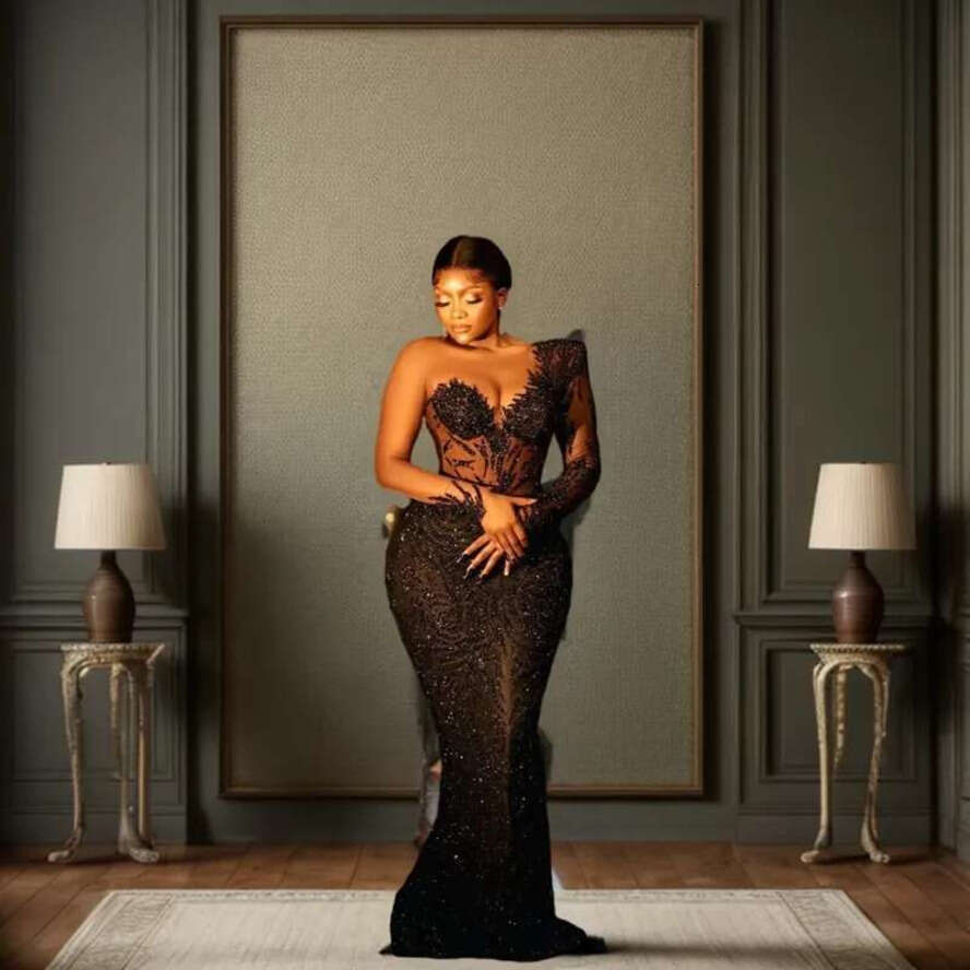 Mermaid Aso Ebi Prom Dresses Gitter One Shoulder Black Sparkg Beaded Sequined Modest Sexy Evening Dress Second Reception Gowns Party Club Formal Appli