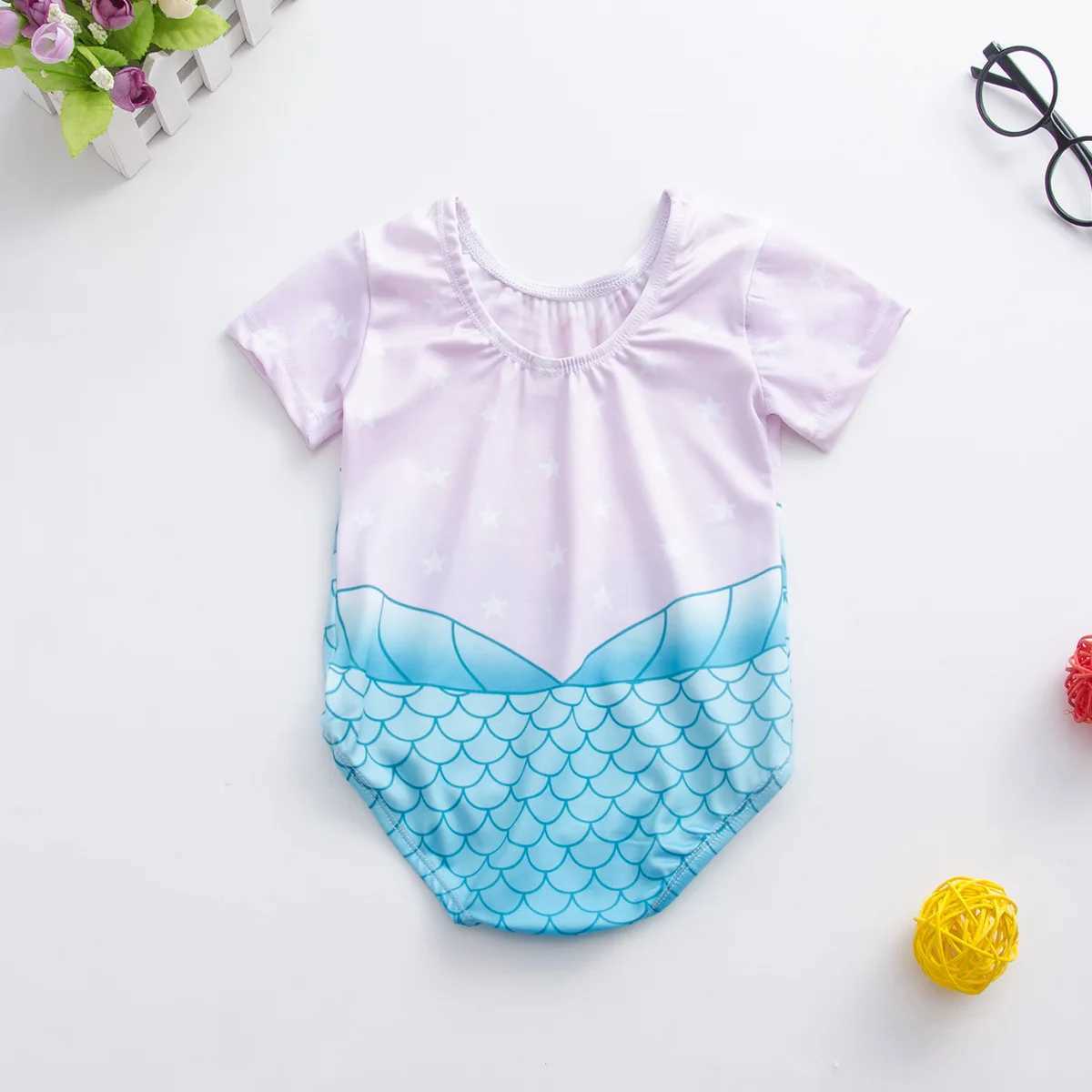 1-7 year old summer new newborn baby girl short sleeved elastic round neck fish scale printed cute one piece swimsuit X250224