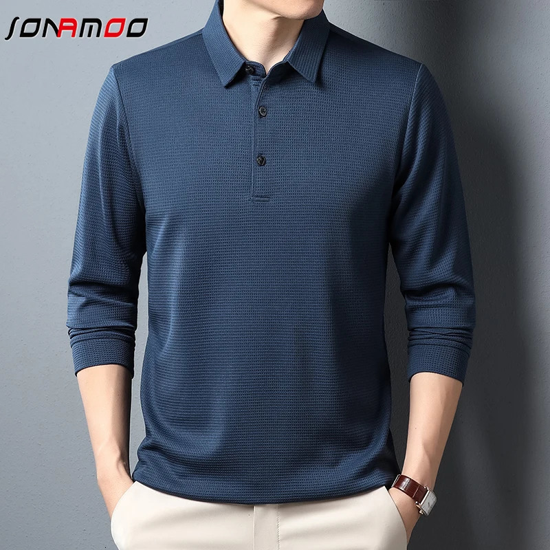 Mens Business Casual Polo Long Sleeve T-shirt Summer Comfortable Solid Top 250224