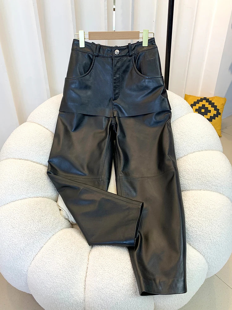 Autumn Winter 2 Pieces Genuine Leather Pants for Women Fashion Loose Casual Sheepskin Ankle Length Harem Pants Y4598 250224