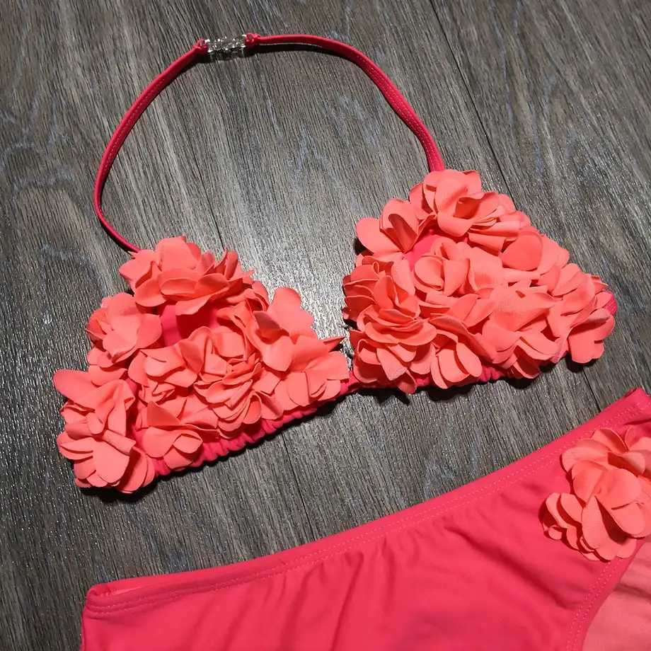 8-14 Years Childrens Two Piece Swimwear Pink Baby Girl Bikini 3D Flower Girl Swimsuit Kids Teenager Girl Bathing Suit Swim Wear X250224