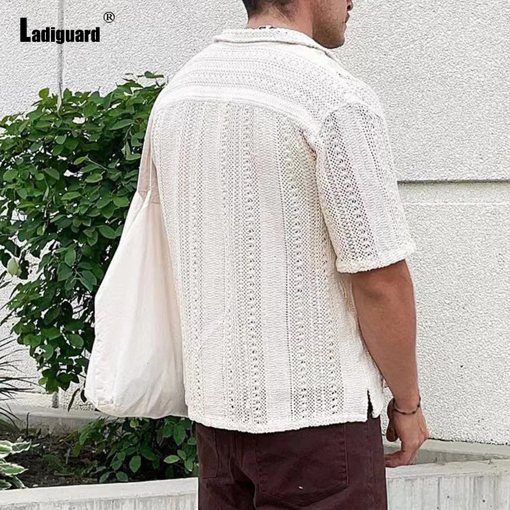 Europe Summer Knitting Blouse Solid White Hollow Out Shirt Mens Casual Beach Top Cardigans Lepal Collar Knitwear 250222