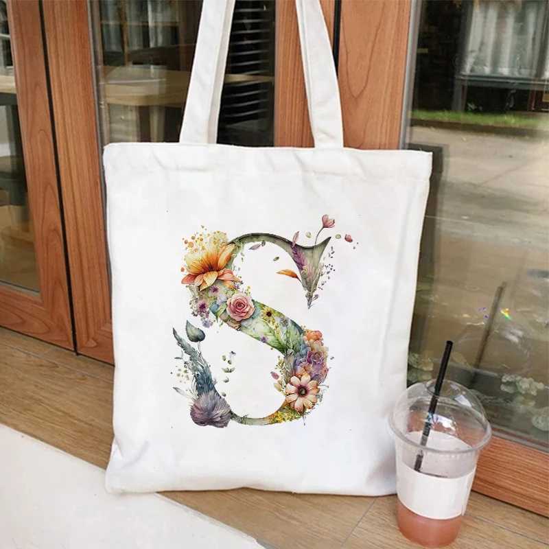 Casual Large Capacity Womens Handbags 26 Alphabet A-Z Shoulder Bags Shopper Canvas Letter Fashion Flower Trend White Tote Bags Z250224