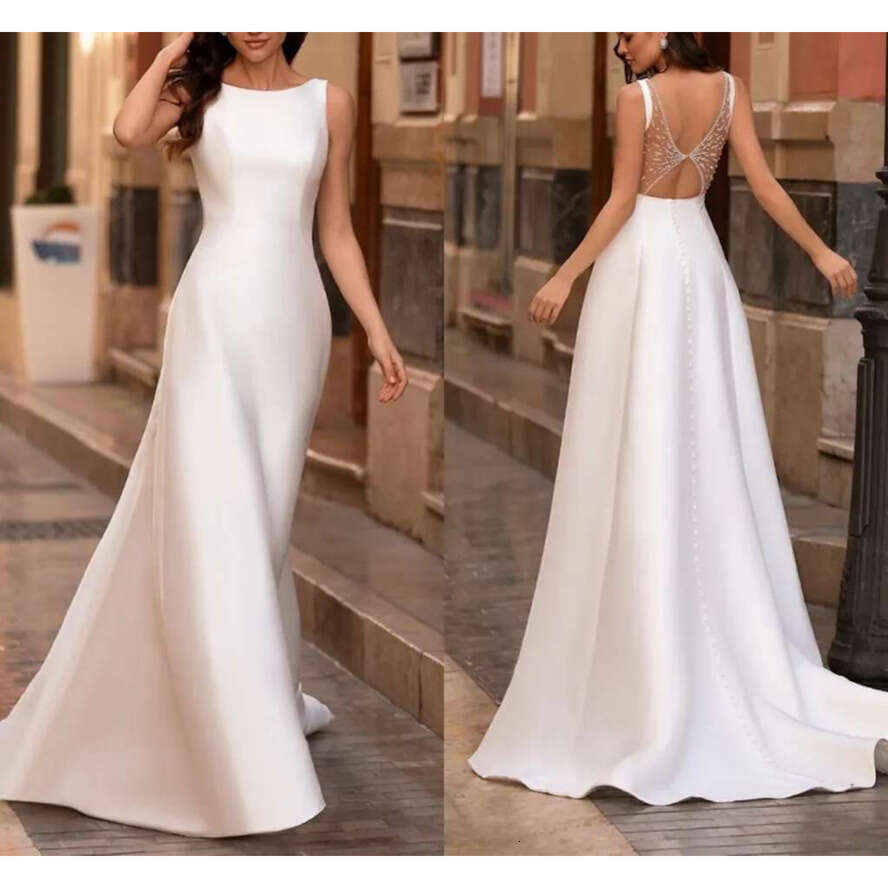 E A Women Wedding Dress Jewel Backless Sweep Brush Train Satin Sleeveless Country Bridal Gowns