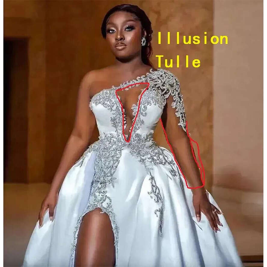 One Shoulder Satin A E Wedding Dresses With Sweep Train Beading Lace Side High Slit Sexy Vestidos De Novia African Long Sleeve Bridal Gowns For Bride