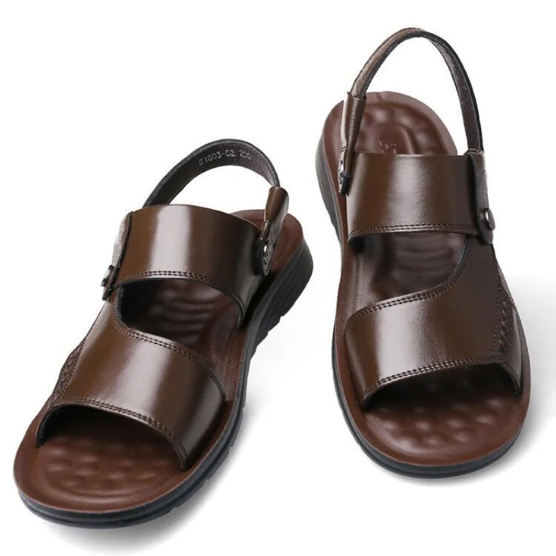 Mens Summer Sandals and Slippers Mens Leather Sandals Adult Thick-soled Beach Shoes Non-slip Open-toe Leather Sandals 250221