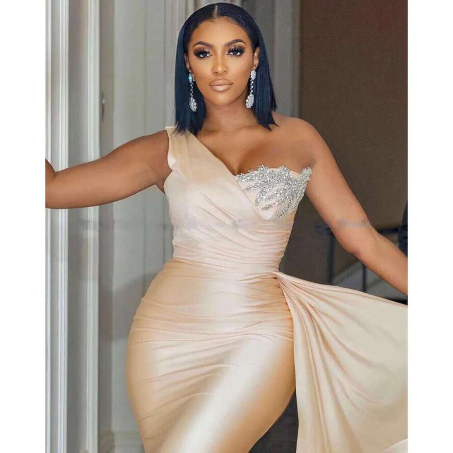 African Champagne Satin Evening Dresses One Shoulder Appliques Beaded Elegant Formal Party Prom Gowns For Bride Robe De Soiree