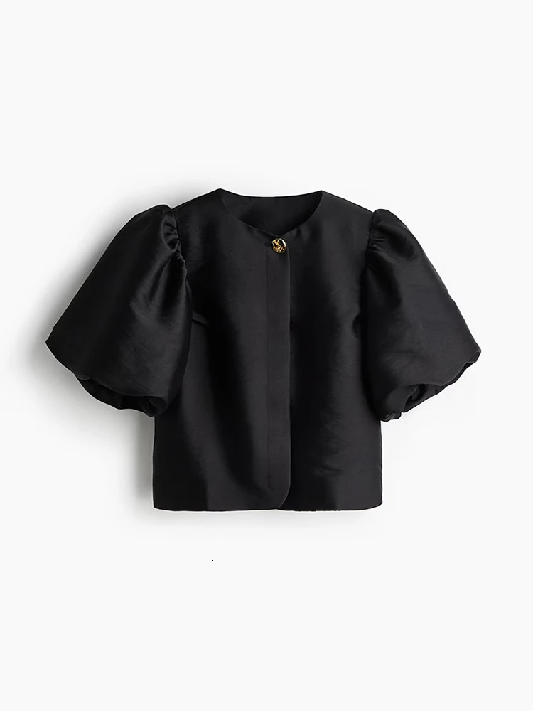 Fashion Leopard Short Puff Sleeve Shirts For Women 2025 Spring Casual Round Collar Blouse Female Elegant Chic Lady Cropped Tops 250225