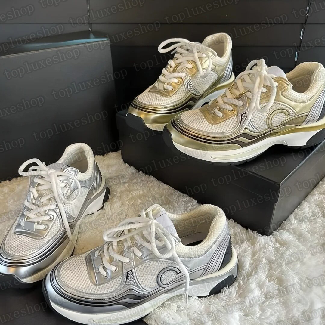 Designer Running CCity Shoes 23C Leather Sport Runner Lace Up Sneakers Chan Shoe Gold Silver Metallic Flat Womans Trainer Mesh Calfskin Nylon Reflective 99