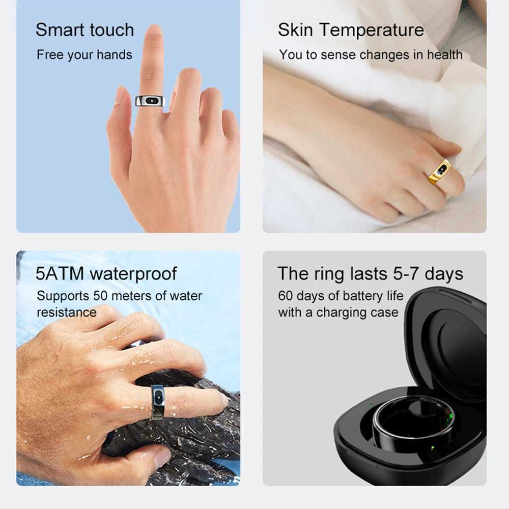 New R08 Smart Ring Men Women Charging Case Skin Temperature Health Monitor 5ATM Waterproof Music Video Control Rings Finger W250225