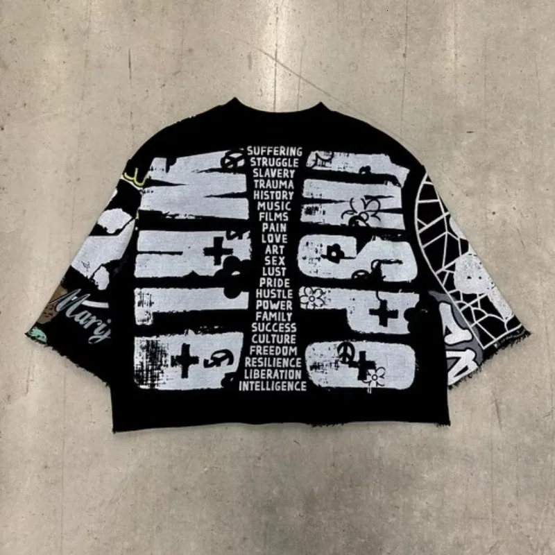 American Gothic Cartoon Pattern Printed Oversized T-shirt Mens Y2K Street Hip Hop Loose Round Neck Hooded Middle Top 250225