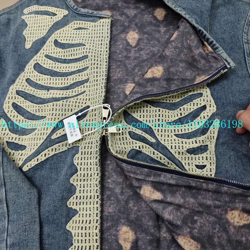 24SS KAPITAL Denim Zipper Jacket Skulls Skeleton Bone Embroidered Loose Coat Long Sleeve Design for Men Women