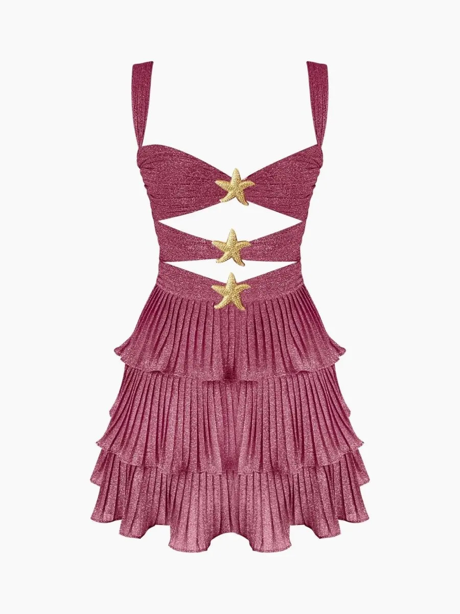 Sparkly Pintuck Dress Pleated Scoop-Neck Cut Out Dress Sleeveless Zipper Back Mermaid Gown Party Dress Mini Dress 250225