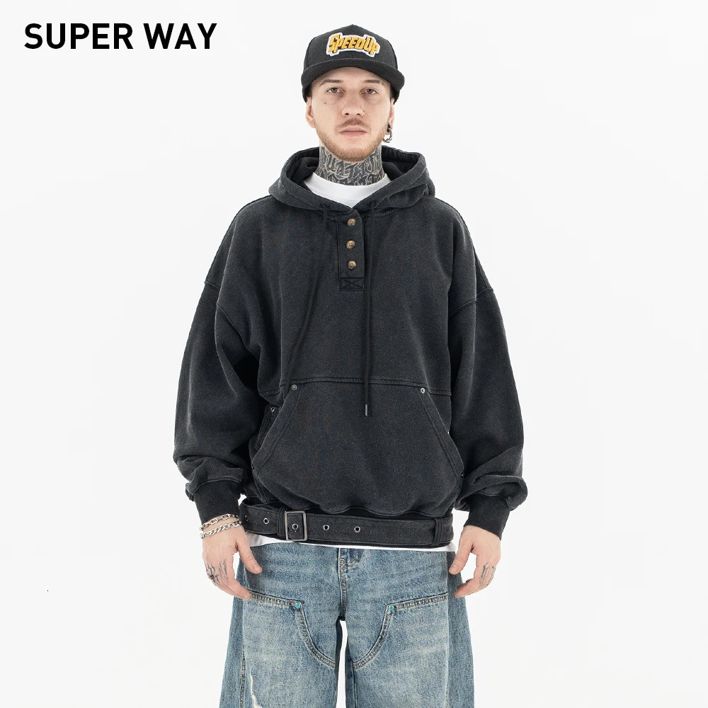 Superway Original Design Winter Niche Solid Hoodies Men Button High Street Hip Hop Streetwear Loose Pullover American Style Tops 250224