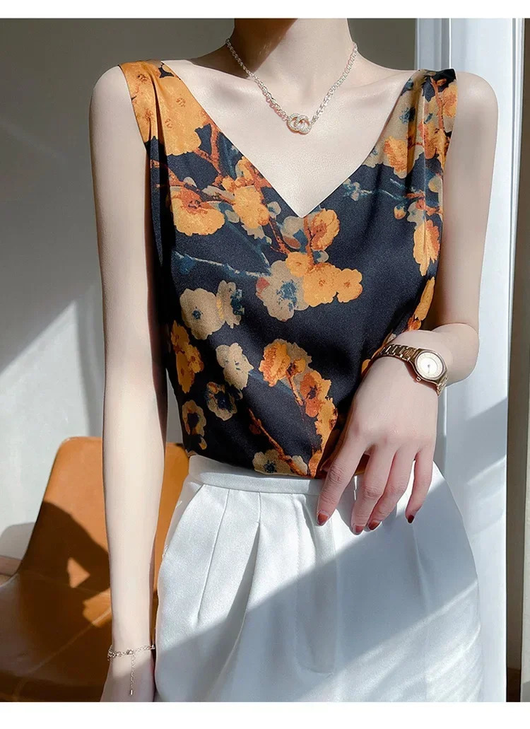Summer Womens V-neck Silk Top Satin Top With Beautiful Print Luxry Summer Vest Top Cropped Top Tops For Women Sexy Blouse 250224