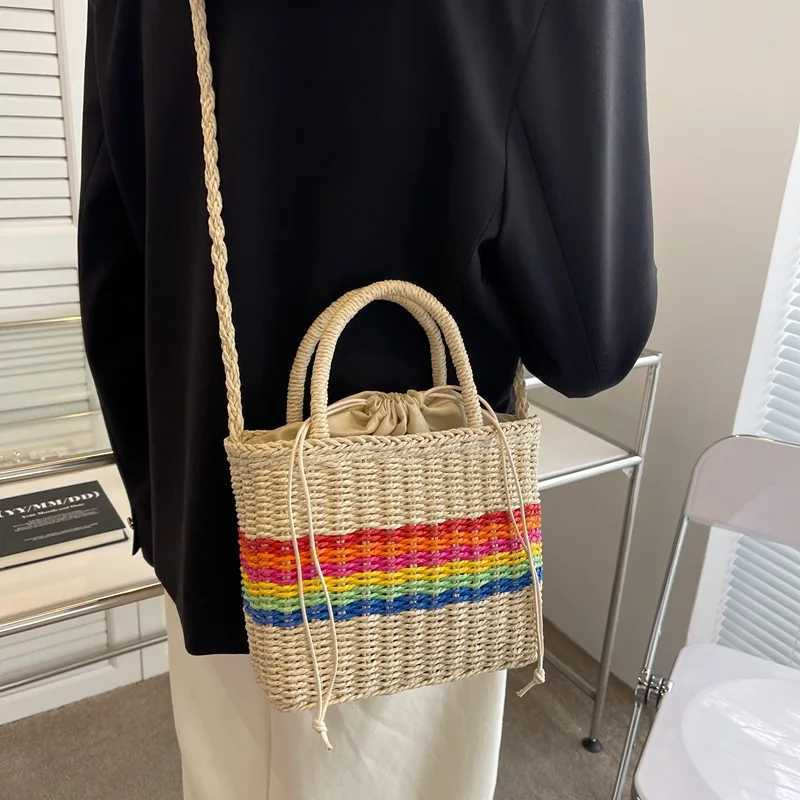 Rainbow Straw Handbags For Women Handmade Summer Seaside Beach Bag Fashion New Handle Bucket Bag Shopping Shoulder Bag Bolsa