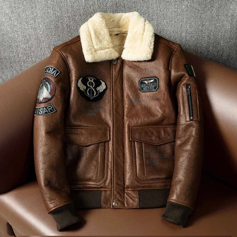 Military A2 Pilot Bomber Genuine Leather Jacket Vintage Air Force Flight Wool Collar Sheepskin Coats Winter Jackets for Men