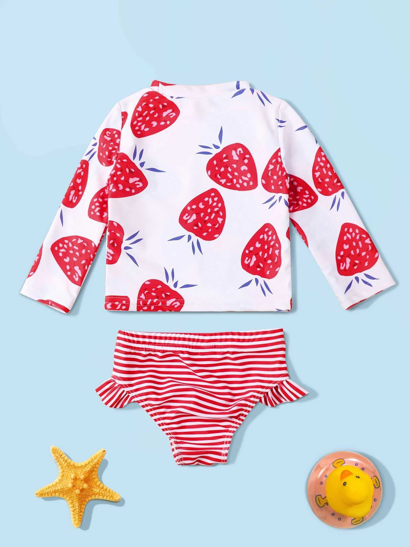 Baby Girls Two Piece Swimsuit Strawberry Print Swimwear Kids Swimming Clothing Long Sleeve Summer Beachwear Bathing Suit X250224