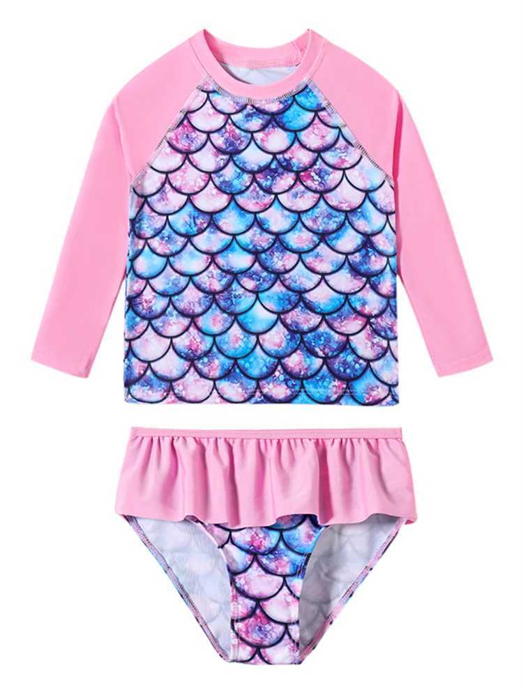 Girls Kids Swimsuit 2025 New Fish scale pattern Long Sleeves Children Swimwear Summer 2 Piece Shorts Beach Bathing Suit Swimming X250224
