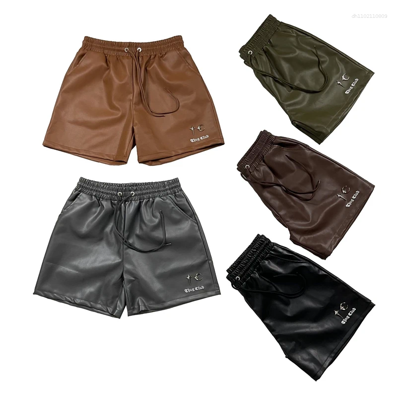 Men's Shorts High Street Vintage Metal Logo PU Leather Short Pants Summer Men Women Loose Drawstring Casual Trousers