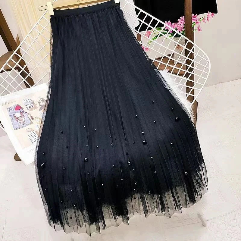 Long Skirt Korean Fashion Harajuku Kawaii Y2k Midi Maxi Tulle Skirt Summer Autumn Sttreetwear High Waist Vintage Black Skirt 250225