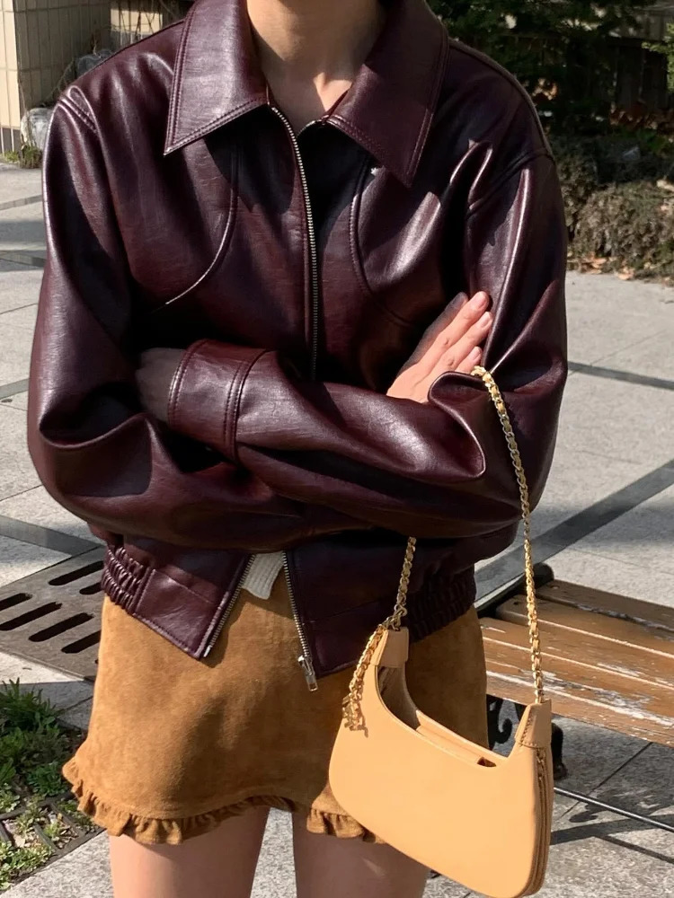 Women Fashion Solid Pu Leather Zipper Coat Retro Turn Down Collar Long Sleeve Outwear 2024 Autumn Female Chic Motorcycle Jackets 250224