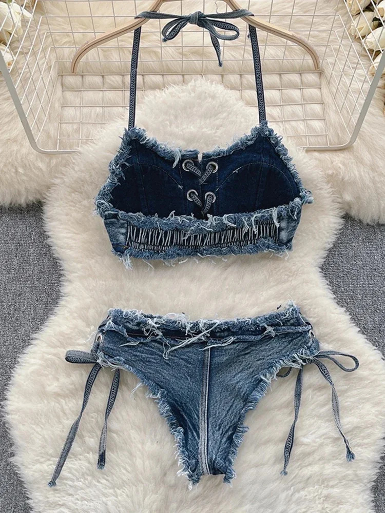 OIINAA Bathing Suit Women Sexy Denim Suits Bikini Set Lace Up Drawstring Beachwear 2024 Solid Summer Vintage Two-pieces Swimwear 250224