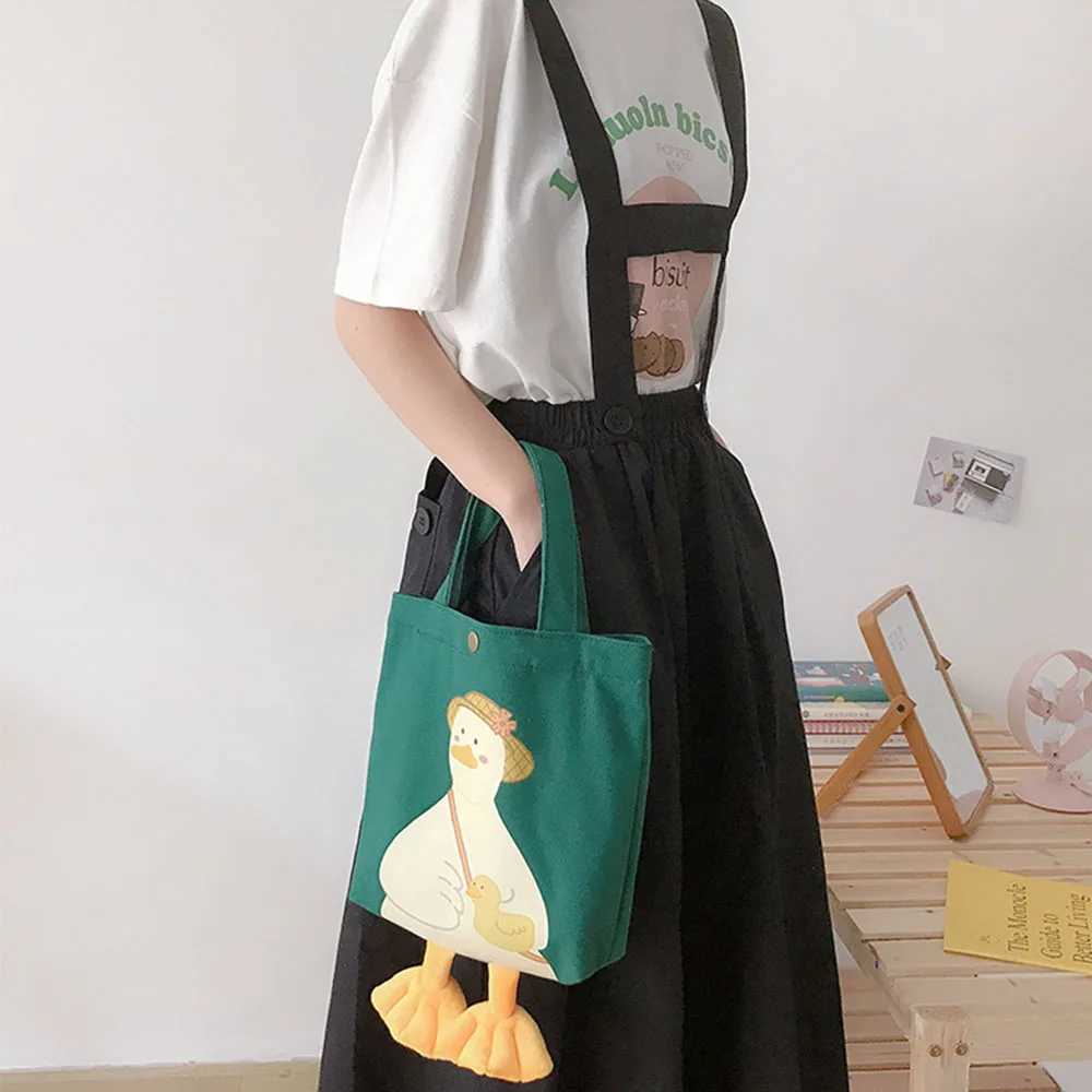 New Women Shoulder Shopper Bag Cute Duck Cartoon Print Casual Kawaii Canvas Tote Shopping Bag Cotton Cloth Eco Handbags tote bag Z250224