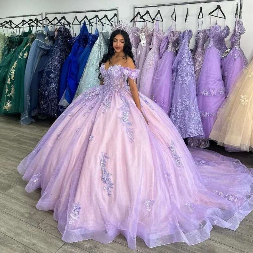 Lilac Shiny Off The Shoulder Sequined Appliques Beading Crystal Ball Gown Quinceanera Dresses Corset Vestidos De 15 Anos