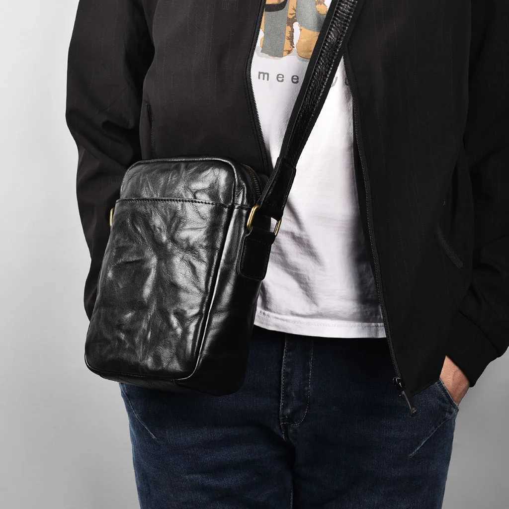 Mens Oil Leather Genuine Messenger Bag Portable Shoulder Pocket Small Backpack Crossbody Bag for Casual Use Men Bags New Z250225