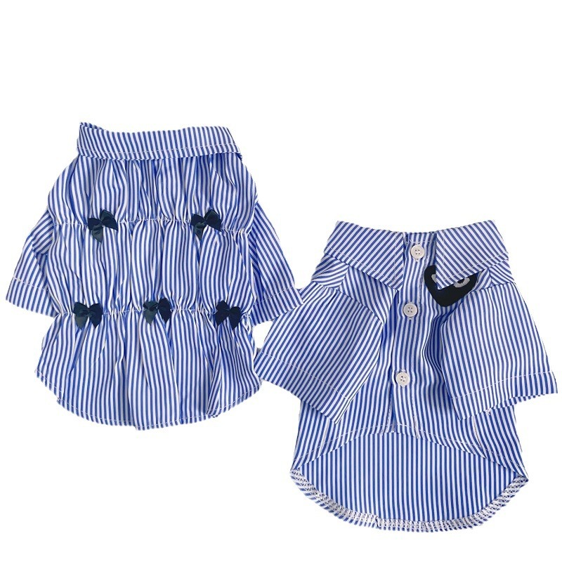 Spring Summer Dog Love T shirt Blue White Stripe Thin Dog Shirt Bowknot Patten In Good Quality